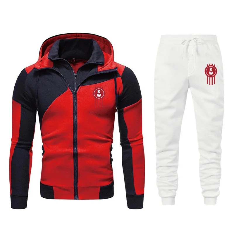 Spring Autumn New Kenworth Logo Print Custom Made Warm Spliced Men Zipper Hoodie Jacket+Pants Pocket Casual Man Sportswear Set image 4