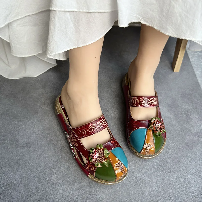 

WOIZGIC Women Female Mother Ladies Genuine Leather Flower Shoes Sandals Slippers Outsize Summer Ethnic Plus Size 41 42 SFY-1