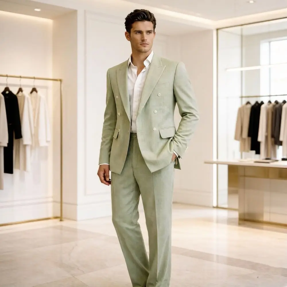 Mens Sage Green Double Breasted 2 Pieces Summer Wedding Suit Tailored Slim Fit Groom Formal Flap Pockets Beach Prom Office Wear