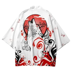 Japanese Fashion Wolf Print Samurai Kimono Summer Casual Beach Cardigan White Yukata Women Men Cosplay Haori Tops Asian Clothing