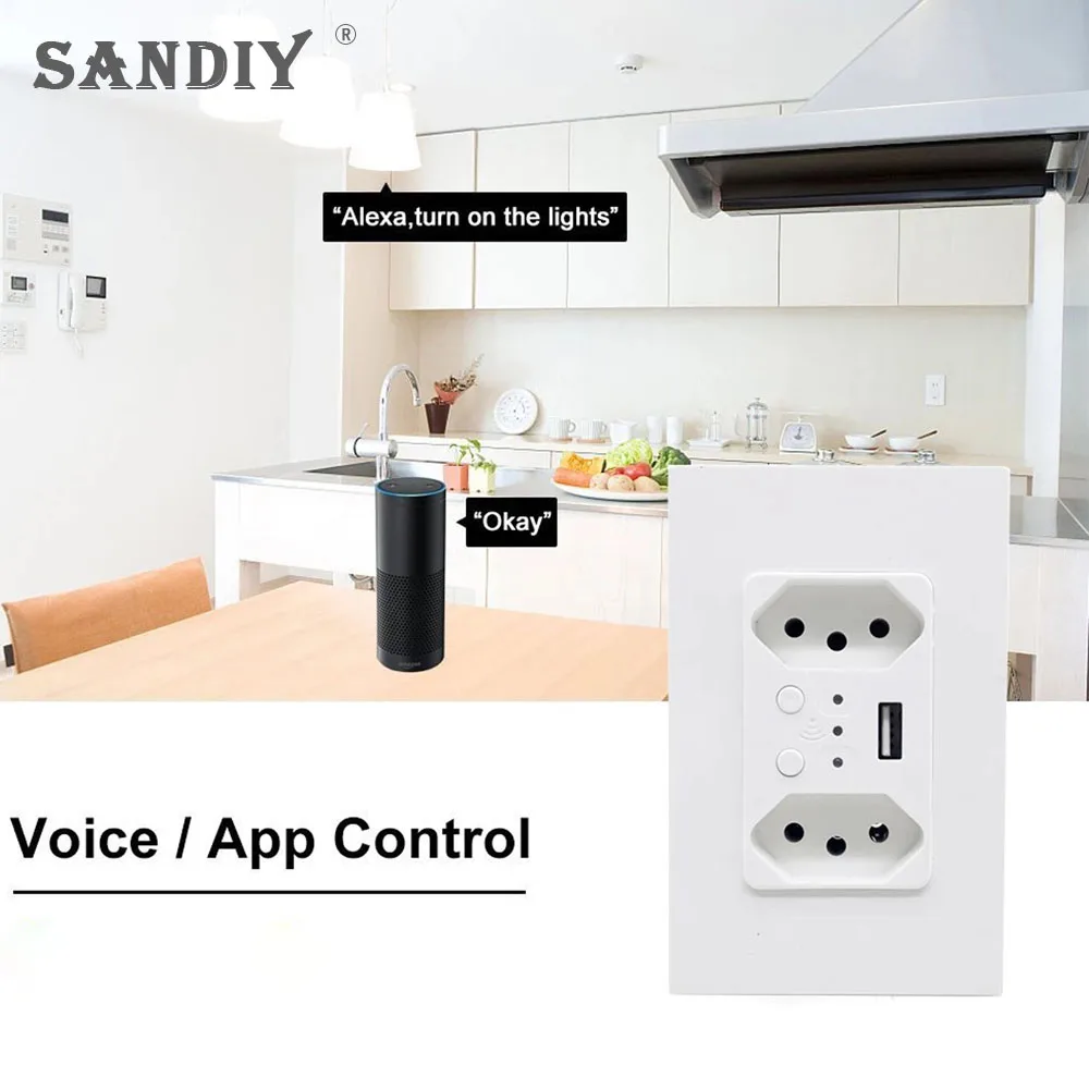 

SANDIY Us Standard Wall Outlet 16a 220v Universal Power Plug Voice/App Control White Adapter with Independent Switch Usb Socket