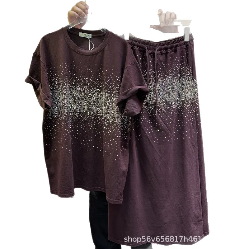 Women Hot Drilling Diamonds Beads T-shirt Summer Starry Rhinestones Tee Short Sleeve Tops + Elastic Waist A-line Skirts 2Pcs Set