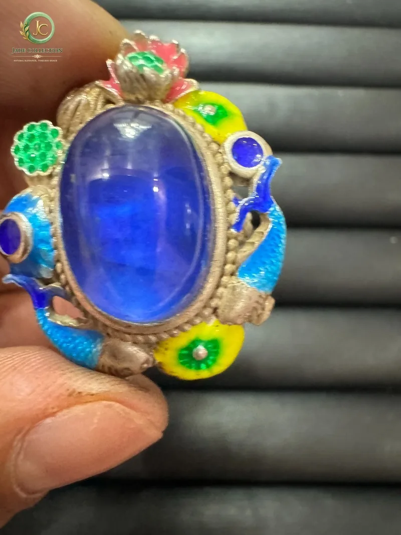 Tibetan Silver Cloisonne Ring, Inlaid Blue Star Sapphire, Retro Ethnic Style, Adjustable Open Band, Unisex Vintage Finger