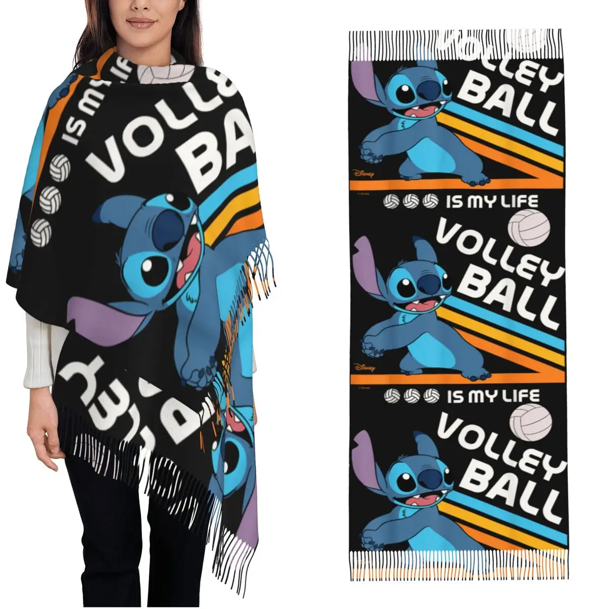 

Шарф Lilo And Stitch «Волейбол — это моя жизнь» для женщин, с длинными кисточками, осенние шали-накидки, теплые, мягкие, дизайнерские платки