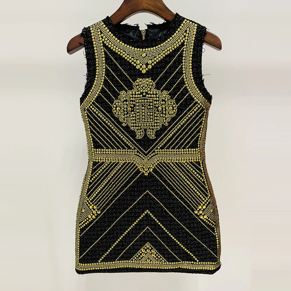 2024 Fashion New Heavy Industry Metal Sheet Nail Bead Coarse Floral Wool Round Neck Tank Top Dress