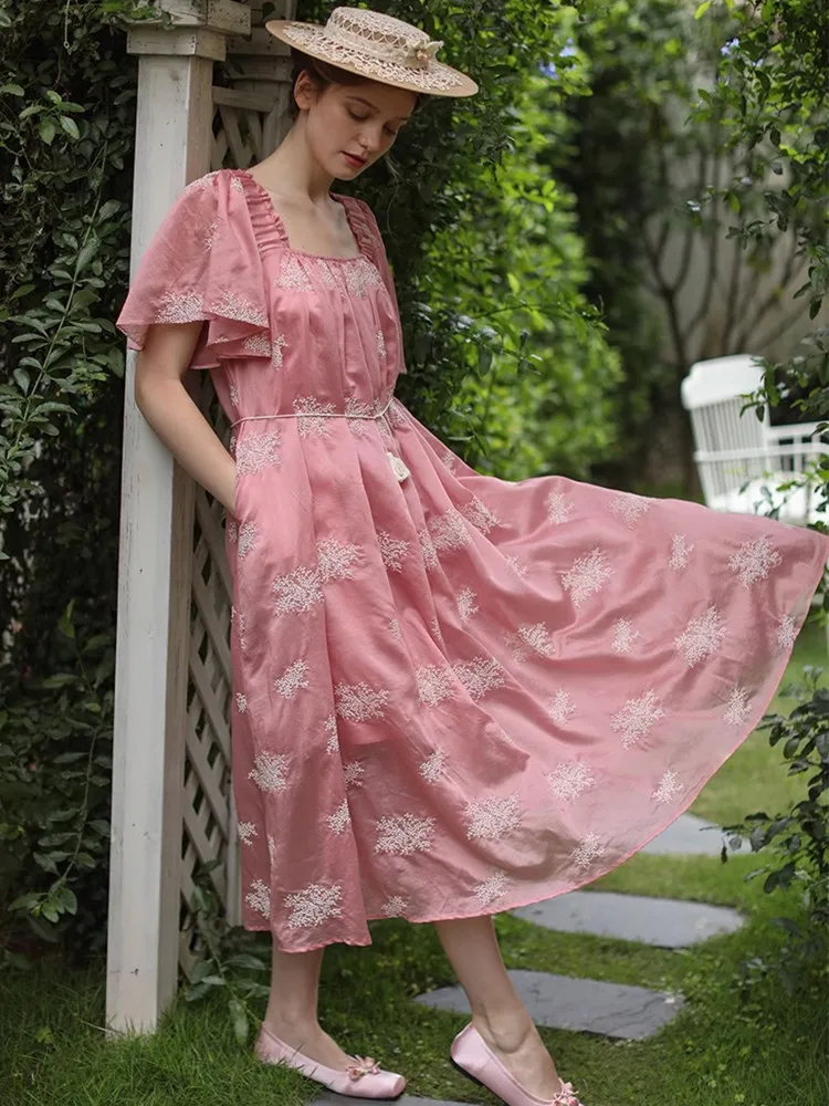 

86-96cm Bust Summer Dress For Women Elegant Slim Birthday Dress Empire Exquisite Embroidered Pink Cotton Lyocell Empire Dresses