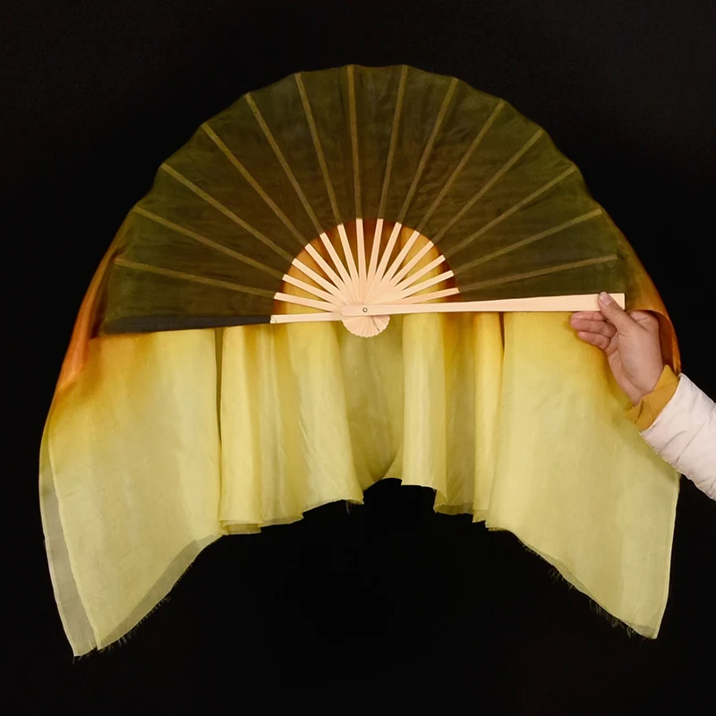 Chinese Folk Dance Silk Veil 100% Real Bamboo Extra Long Flowy Fan Hand Dye Brown Gold Light Weight 2 Layers Dancer Props Yangko