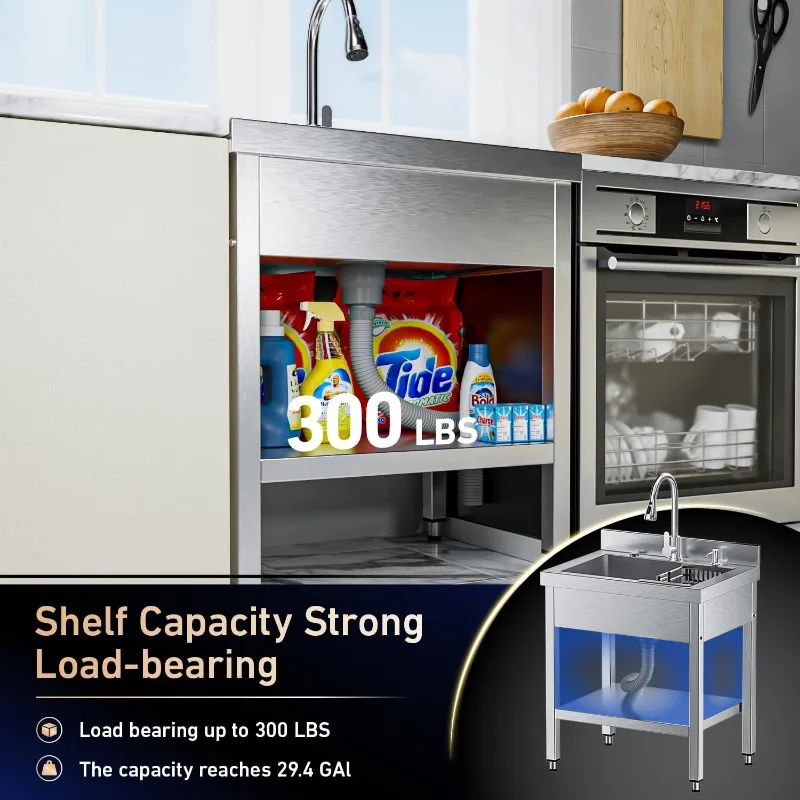 حوض المرافق القائم بذاته مقاس 28 بوصة، حوض غرفة الغسيل من الفولاذ المقاوم للصدأ شديد التحمل، أحواض المطبخ التجارية مع الماء الساخن والبارد لـ Ga