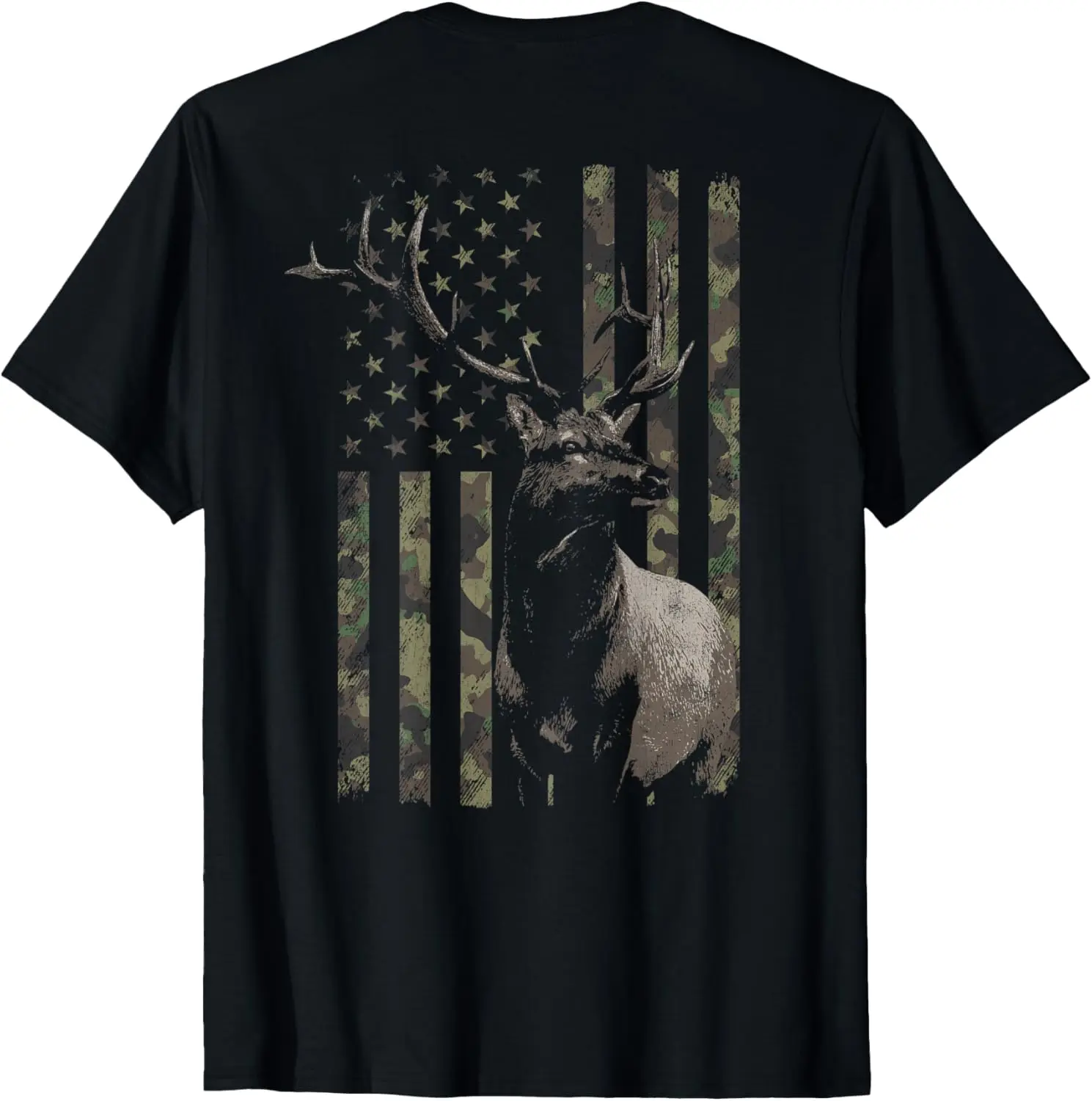 Elk Hunting Camo American Flag Camouflage (Design On Back) T-Shirt 100% Cotton Trendy Y2K Short-Sleeve Tee-Soft, Quick-Drying,