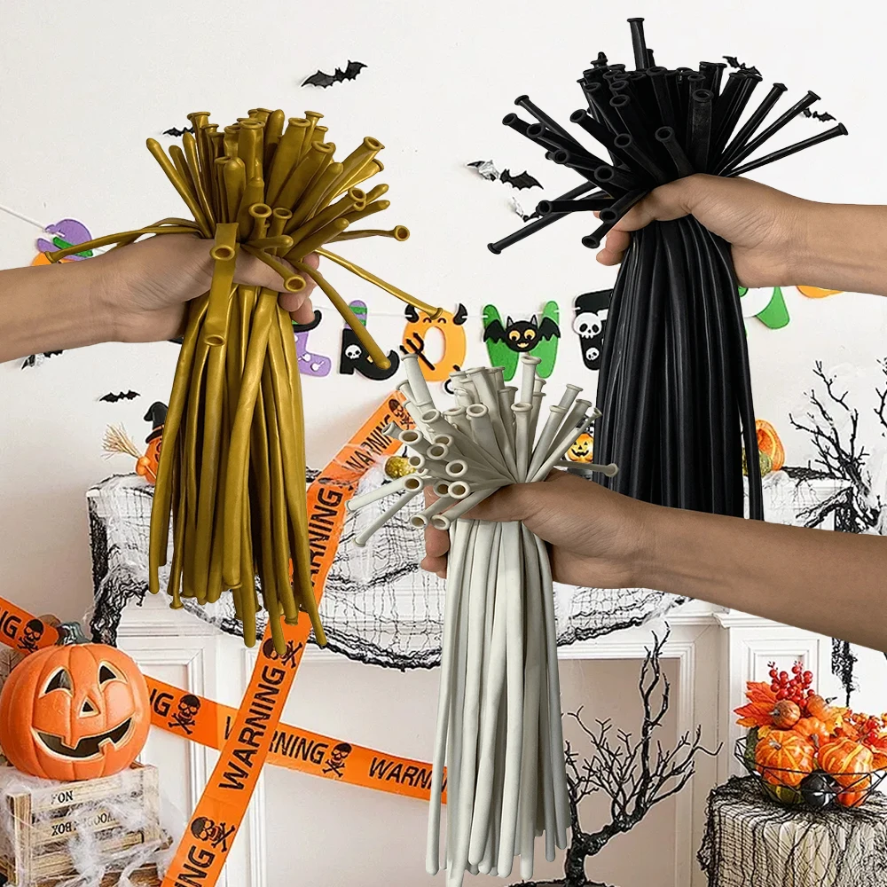 100 قطعة بالونات سوداء بيضاء طويلة وسميكة بالونات ملتوية مناسبة لتزيين حفلات أعياد الميلاد موديل الهالوين