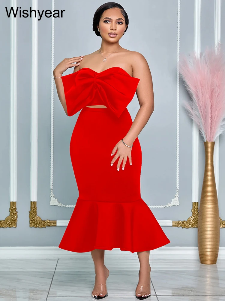 Wishyear Pleated Mermaid Dress Sets for Women Big Bow Strapless Crop Tops and Skirts Two 2 Pieces Evening Party Gowns Outfits