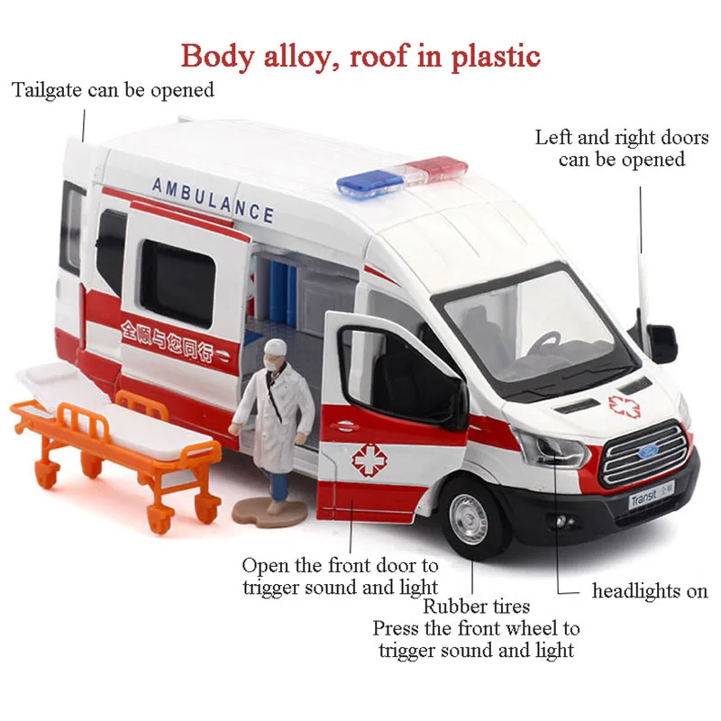 1:32 high simulation alloy ambulance model high quality die-casting light music pull back car boy child gift toy