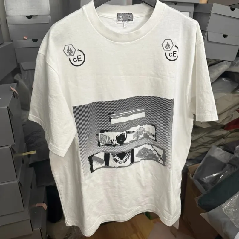 Summer Street Cleanfit Men Women CAVEMPT Tshirts Tearing Paper Portrait Flame Print CE Short Sleeve Black White Couple Outfit