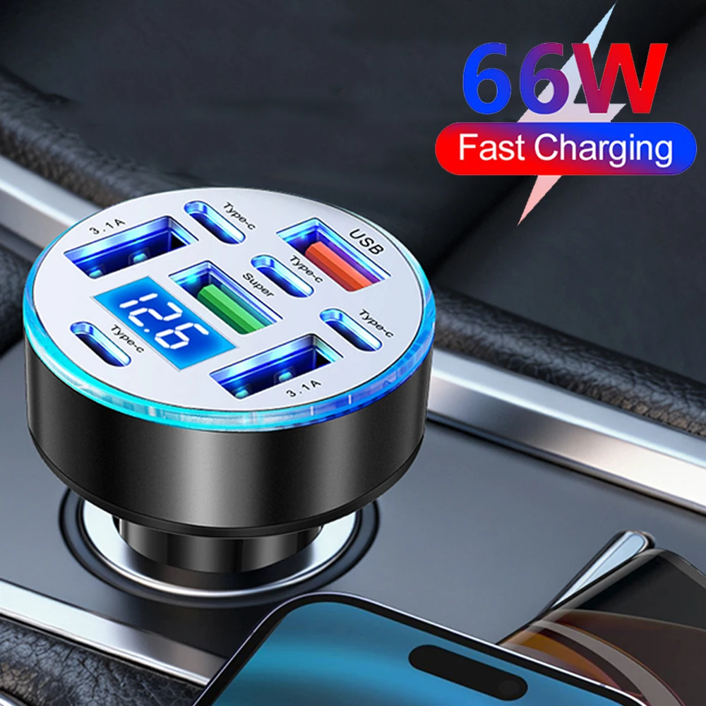Car Charger 66W 8 Ports Fast Charging PD QC3.0 4 USB 4 C Car Phone Charger Adapter With Voltage For iPhone Samsung Huawei Xiaomi