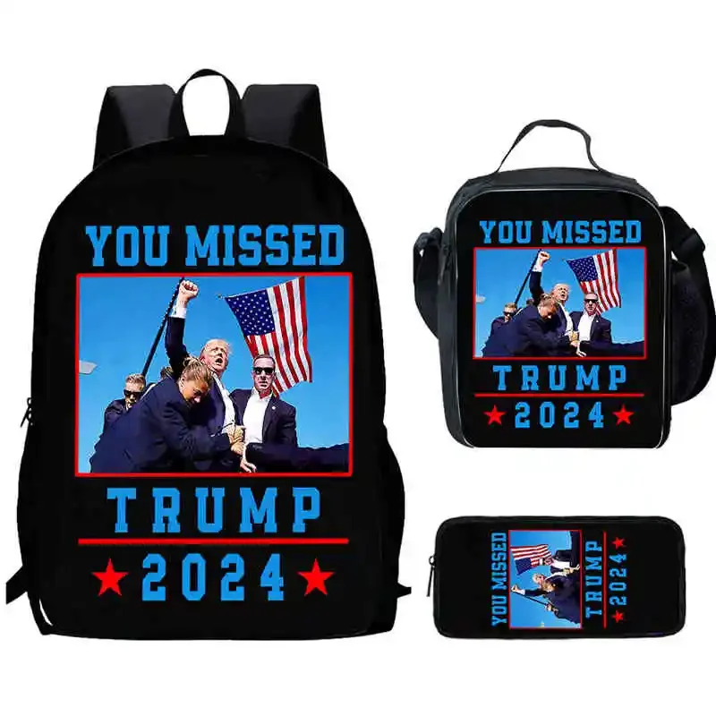 3Pc Set Trump 2024 Printed School Bags Child Backpack with Lunch Bag Pencil Case,Cartoon Book Bags for Pupil Students