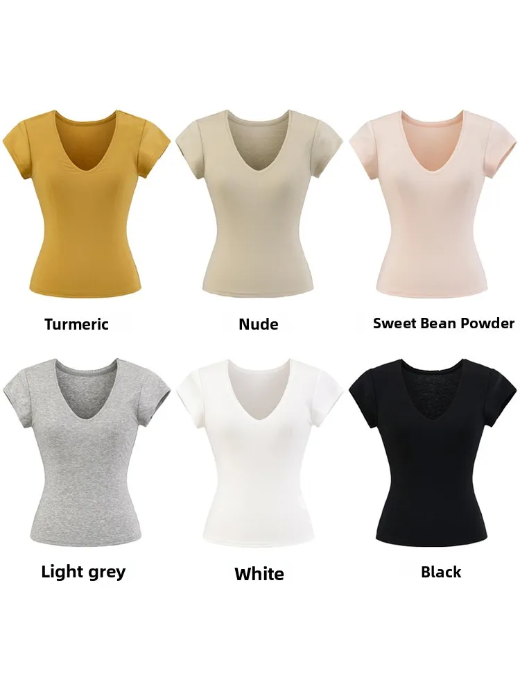 スリムフィット Vネック Tシャツ シルクのようなウエストシェイプ セクシーなストリートスタイル 純色ニットサマートップス レディース