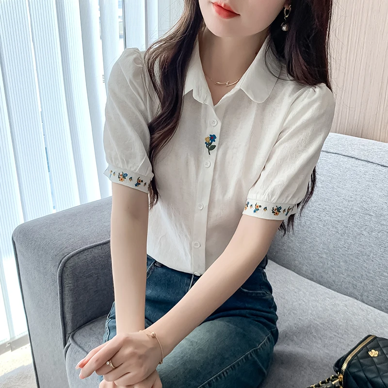 Cotton Embroidered Women's Shirt Summer Casual Womens Tops Short Sleeved Blouse Spring Sweet Female Clothing White Shirt Women