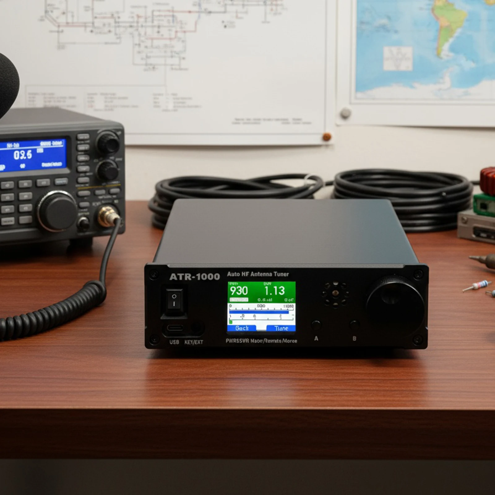 AMNVOLT ATR1000 1000W 1.8-30MHz Sintonizador de antena automático 1.8In Tela TFT Receptor de rádio de banda de onda completa leve para YAESU ICOM