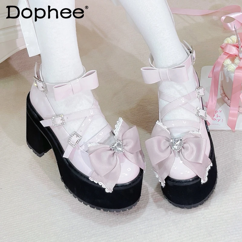 

Original Subculture Mine Mass-Produced Pink Platform Shoes Autumn Women's Cute Bow Elegant JK Mary Jane Shoes Lolita High Heels