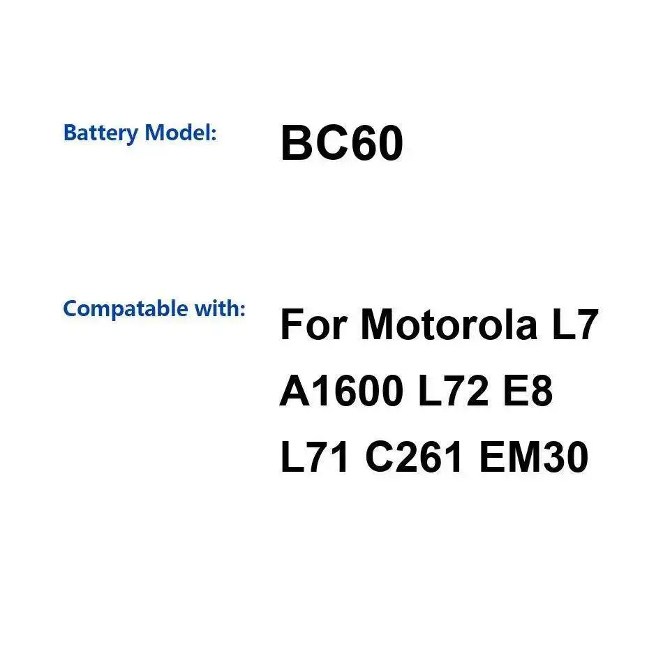 

Для Motorola Moto L7 A1600 L72 E8 L71 C261 EM30 850 мАч BC60 аккумулятор мобильного телефона высокая эффективность