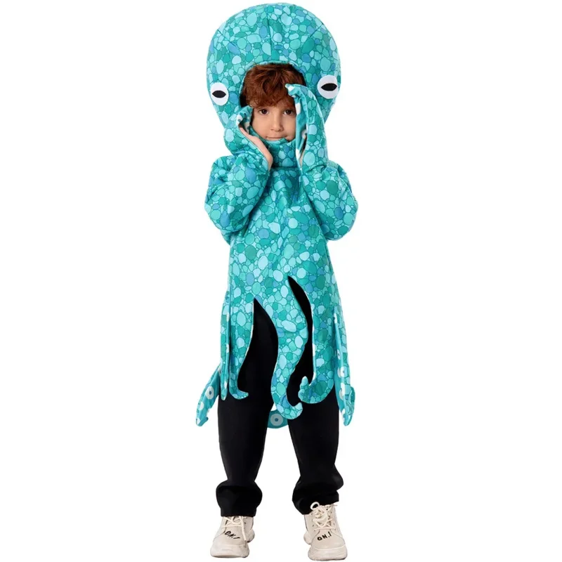 Child Octopus Inkfish Cosplay Costume Blue Sea Animal Octopus Jumpsuit Clothing for Boy and Girl Halloween Party Clothes