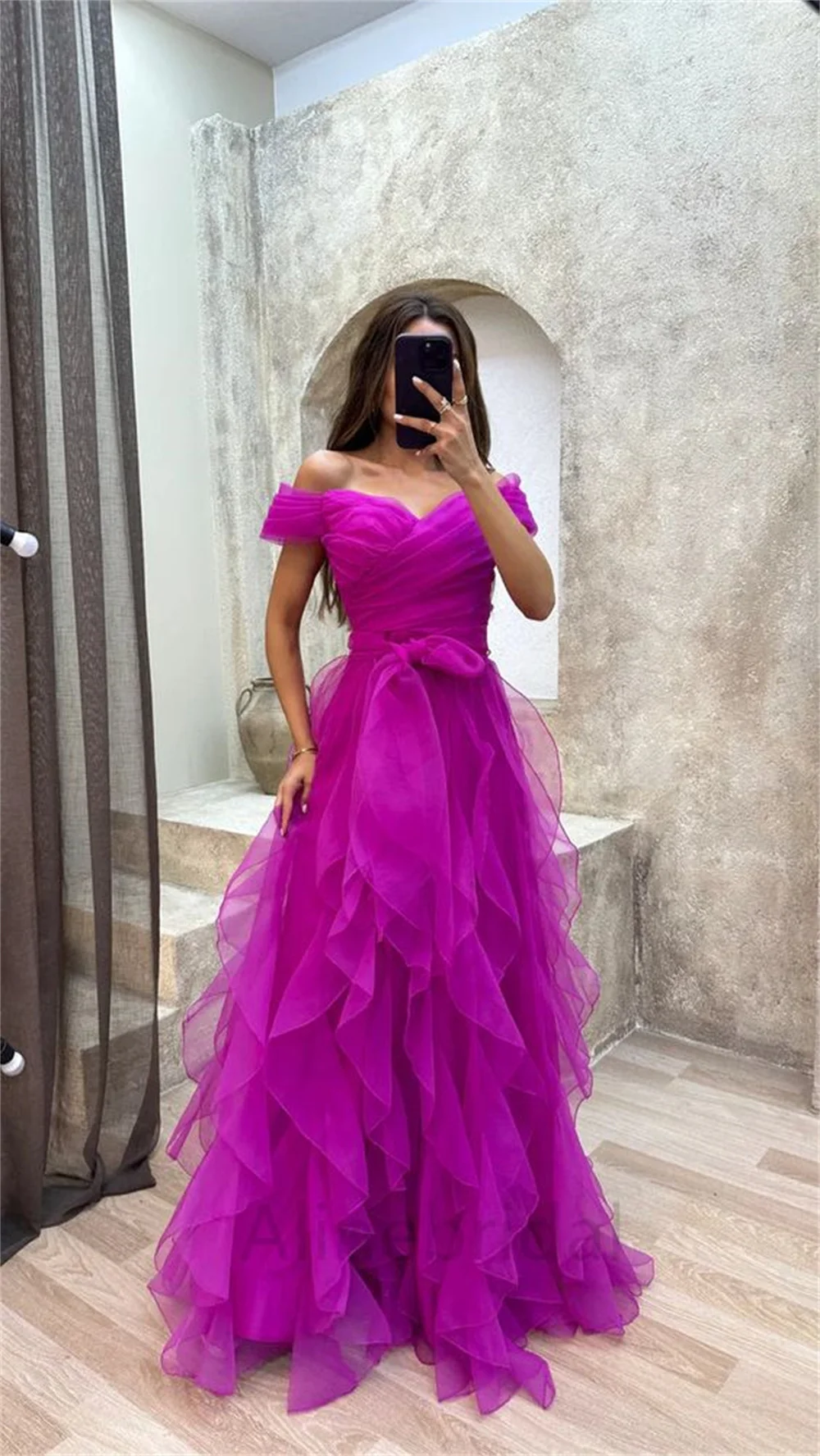 Bella Purple Tulle robes de soirée V-neck Edge Curl Prom Dresses Elegant Sleeveless Floor-Length Bow Waist Wedding Dress 2024