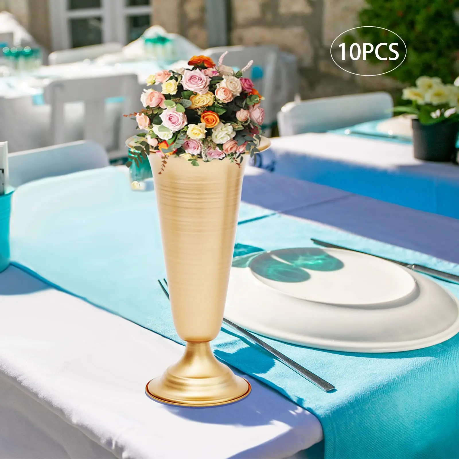 10’ Proto Geblümte Metall-Trompetenvase, elegante Hochzeits-Mittelstücke-Vase für Hochzeits-Party-Dekoration, 9,8 Zoll hohe künstliche Blume a