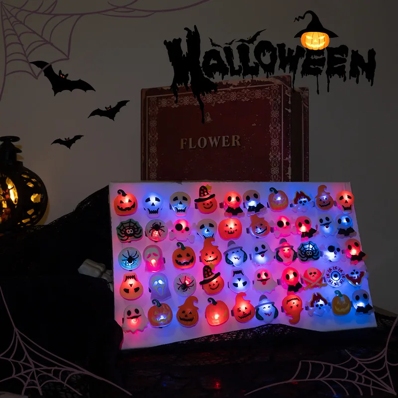 10-30Pcs Jewelry Party Gifts LED Luminous Halloween Rings Creative Pumpkin Ghost Skull Glowing in Dark Finger Rings Toys Lights