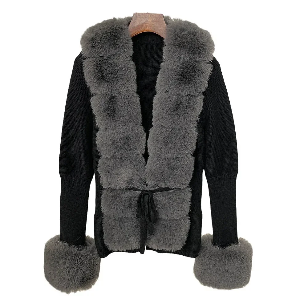 

Spring Autumn Cross-border Fast Selling Top V-neck Style Fashionable Coat Knitted Women's Cardigan Sweater Fox Fur Jacket