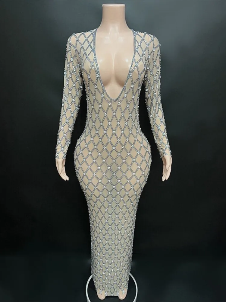 New Fashion Rhinestones Women's Tight Evening Gown Long Sleeve Long Dress