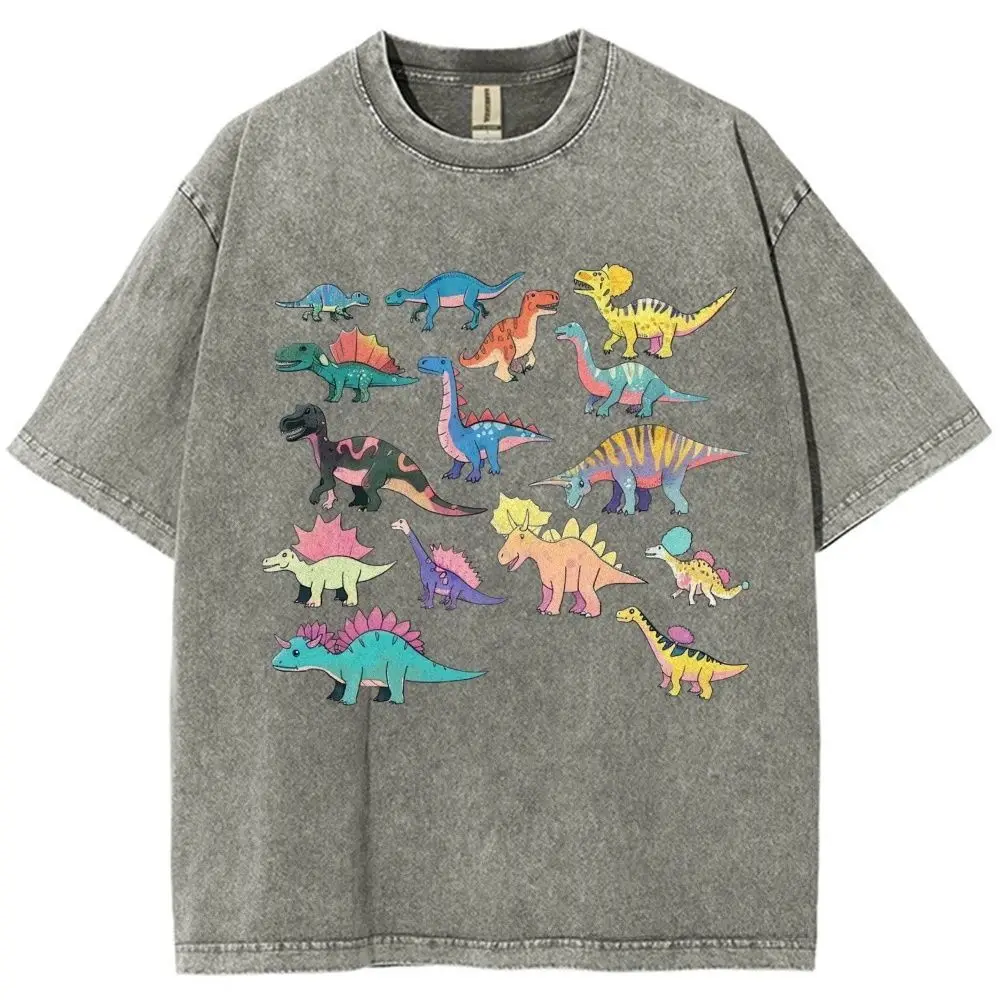 Vintage Washed Dinosaur Print Oversized Grey Cotton T-Shirt Vintage Playful Aesthetic Cartoon Tees Harajuku Campus Sweet Unisex