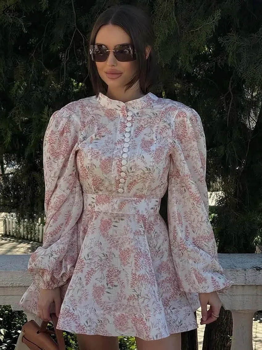 

Oymimi Fashion Pink Print Womens Dresses Elegant O-Neck Long Sleeve Single Breasted Dresses Autumn Pleated Mini Dress Streetwear