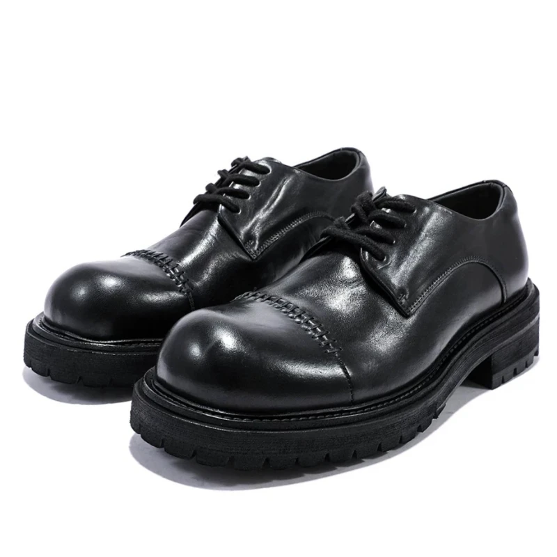 British Original Style Casual Horsehide Derby Shoes for Men's Dress Shoes Male Horse Leather Commuting Height Increased Shoes