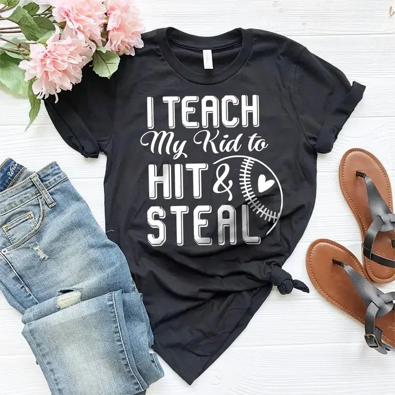 

cotton Streetwear I Teach My Kid To Hit And Steal Shirt Softball Baseball Player Baseball Mom Custom Baseball Shirt