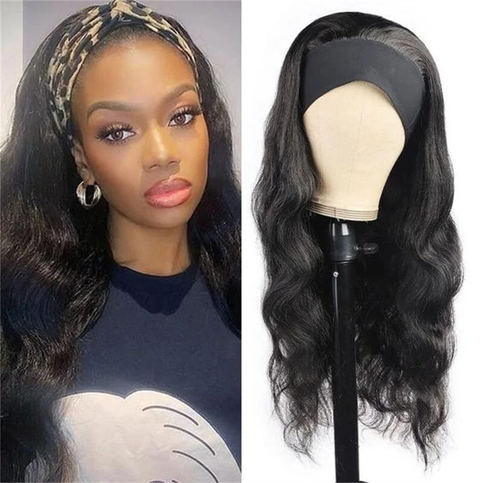 Headband Wig Human Hair Body Wave Front Wig Brazilian Human Hair Machine Made Wigs for Black Women 180% Density Natural Color