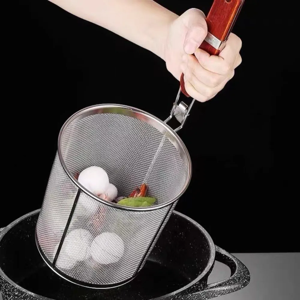 Picture 5: Thickened Stainless Steel Funnel Wooden Handle Kitchen Gadgets Pasta Basket Strainer Multifunctional Vegetables Mesh Sieve Spoon