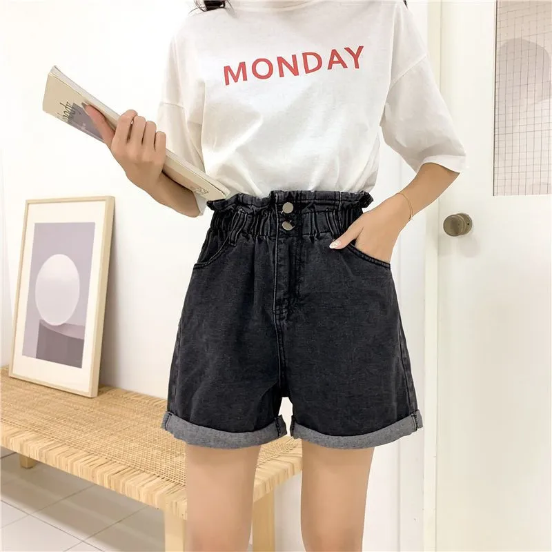 

Jielur Summer Black Women Denim Shorts Women S-5XL Harem Ruffled White Blue High Waisted Shorts Female Elastic Short Jeans