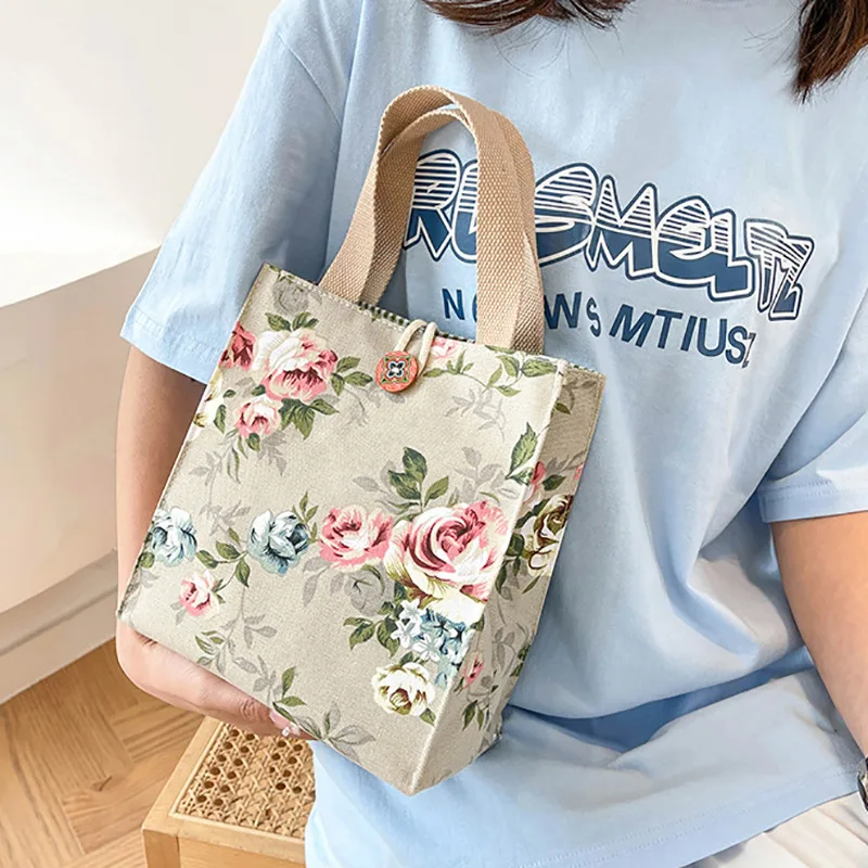 Printed Lunch Bag For Women Girl Large Capacity Work Food Container Bags Portable Canvas Travel Picnic Lunch Bags