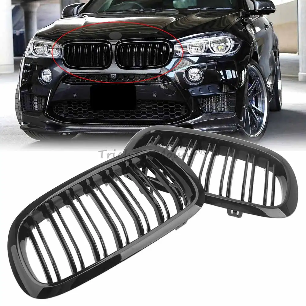 1 Pair Grilles Car Front Grill Dual Slats Double Line Front Grilles Car Grille Compatible With BMW 2013-2019 Glossy Black Grille