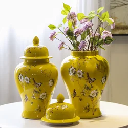 14 Inch Classic Chinese Vase With Lid Yellow Porcelain Floral Temple Ginger Jar Ceramic Table Vase Antique Centrepiece Jindezhen