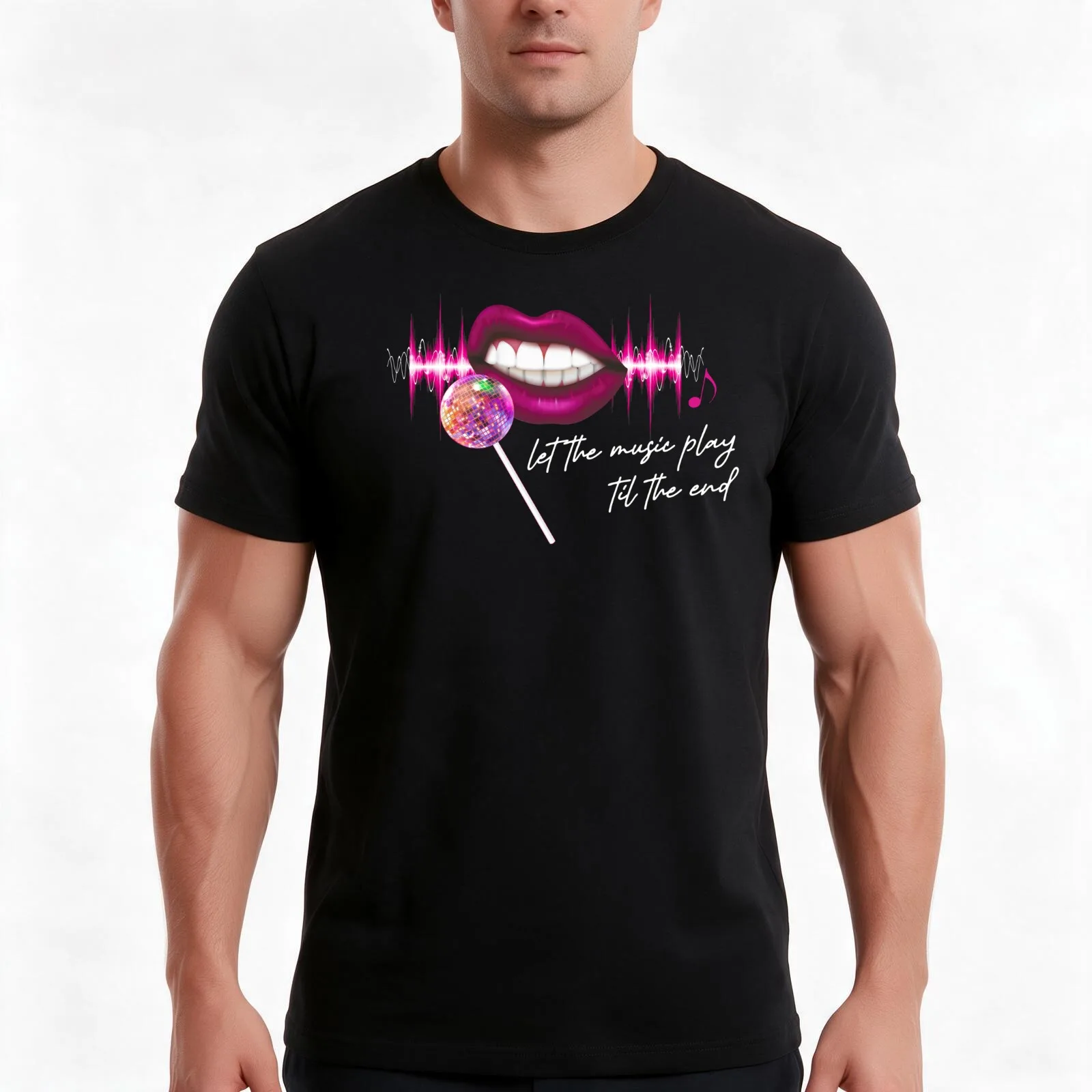 Let The Music Play Til The End Pink Lips Mirrorball Lollipop Microphone Trustfall Design Option 2 T-Shirt, Vintage Graphic Print
