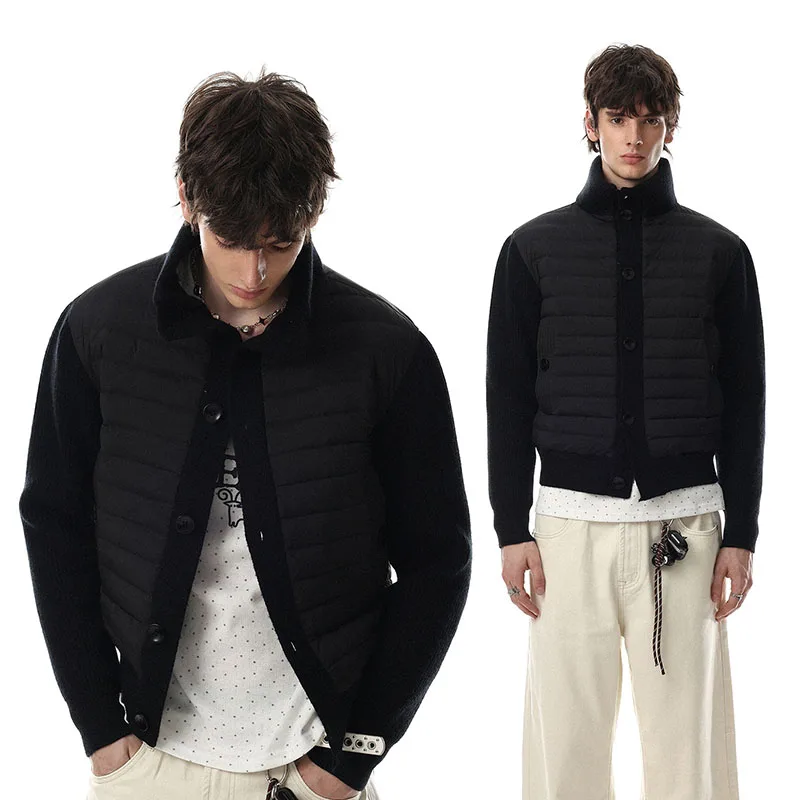 Y2K Autumn And Winter Stand Up Collar Patchwork Knitted Sleeve Down Jacket For Men Women Single Breasted Short Warm Down Jacket