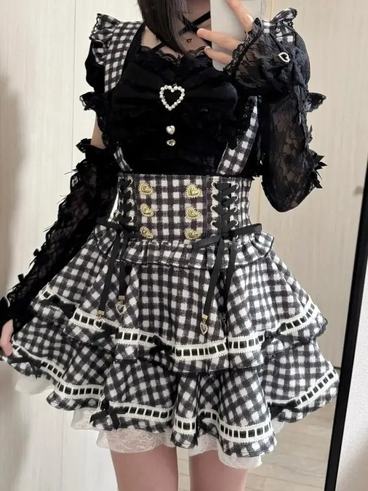 

2025 Japanese Kawaii Lolita Two Piece Set Black Short Sleeve Shirt + Lace Up Strap Skirt Suit Aesthetic 90s Vintage Casual Sets
