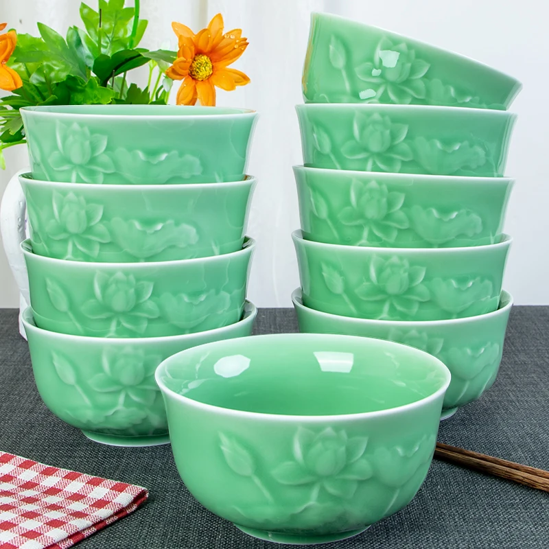

Миска Celadonfor Homerice, керамическая мискаchinoiserie, миска для риса, посуда, керамическая миска для риса с резным узором, чистый цвет