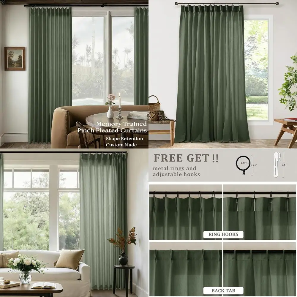 

Оливково-зеленые шириные 72, 84-длинные очень широкие плиссированные льняные шторы для дверей патио, полупрозрачные с тканью с эффектом памяти и крючками