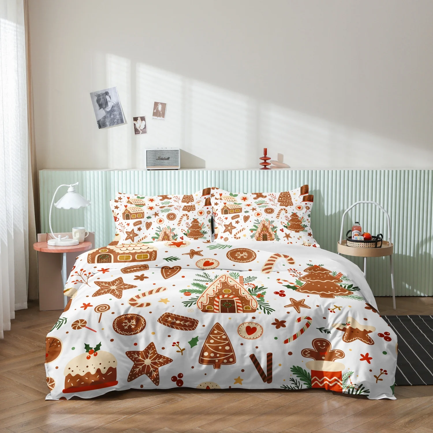 3 Pieces Sweet Gingerbread Christmas Print Duvet Cover Set, Cookie House Candy Cane Xmas Tree Winter Holiday Pattern Bedding