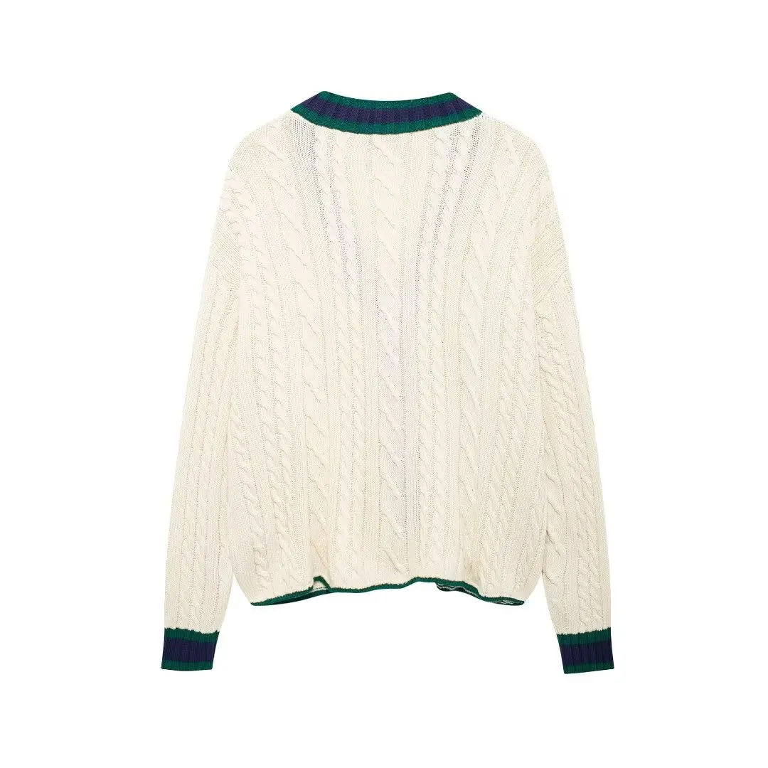 PB & ZA-Cable Rope Pattern Knitted Cardigan Sweater for Women, Casual Female Outerwear, Chic Tops, New Fashion, Autumn, 2024