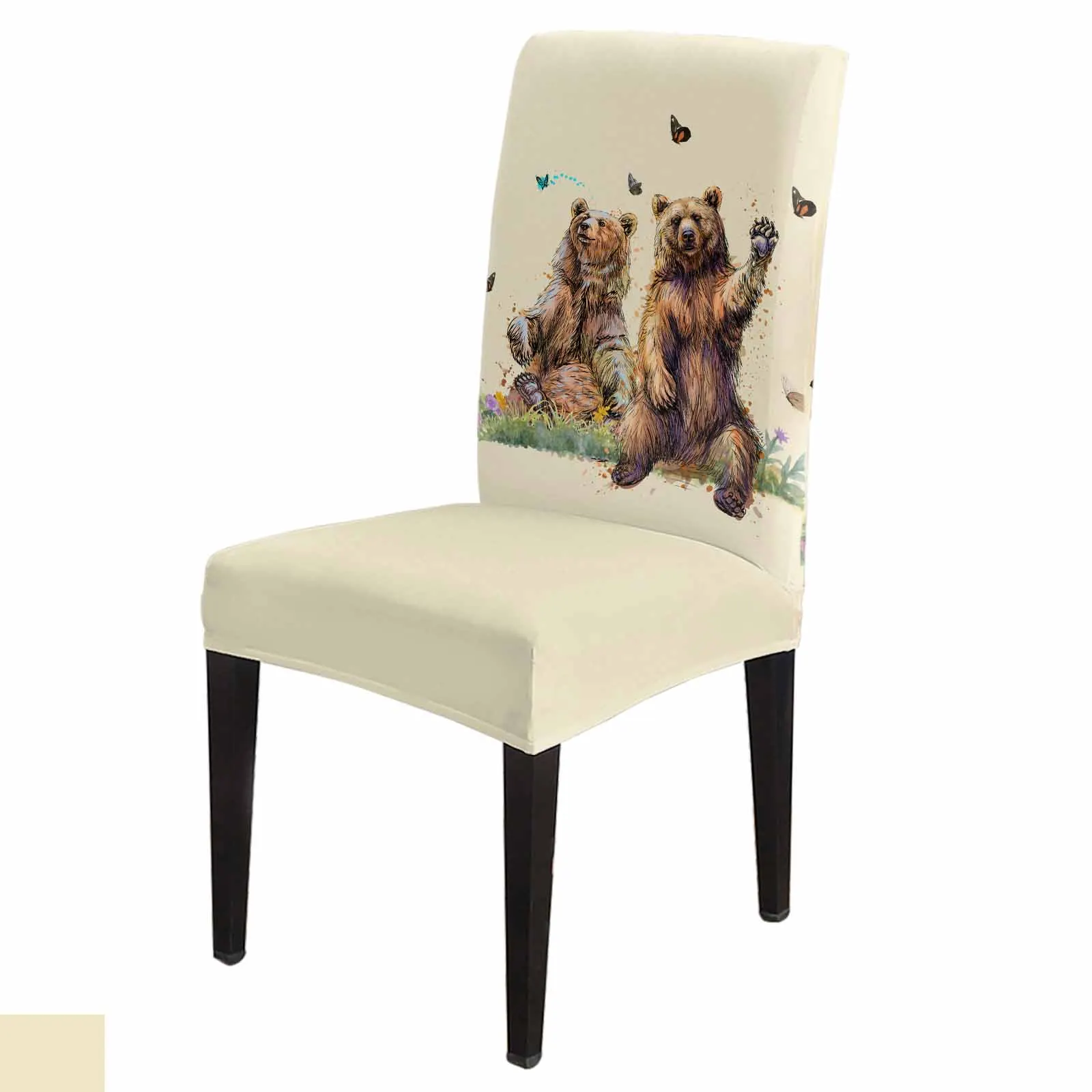 Bear Butterfly Meadow Dining Chair Covers Spandex Stretch Seat Cover for Wedding Kitchen Banquet Party Seat Case