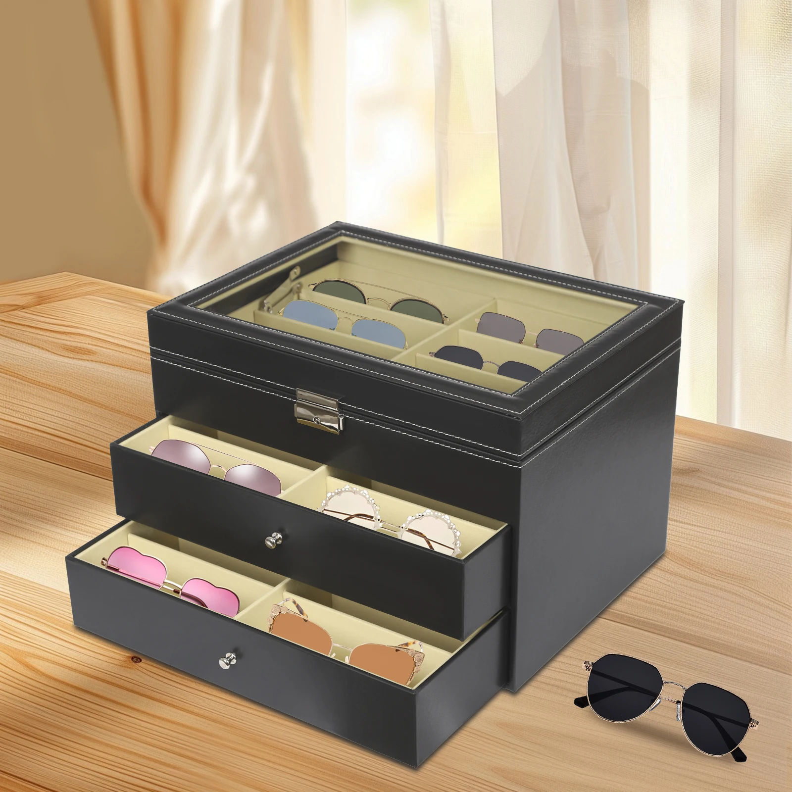 

Eyeglasses Display Case with 24 Compartments & Drawer – Glasses Organizer Box with Glass Lid & Lock for Home, Office, or Eyewear