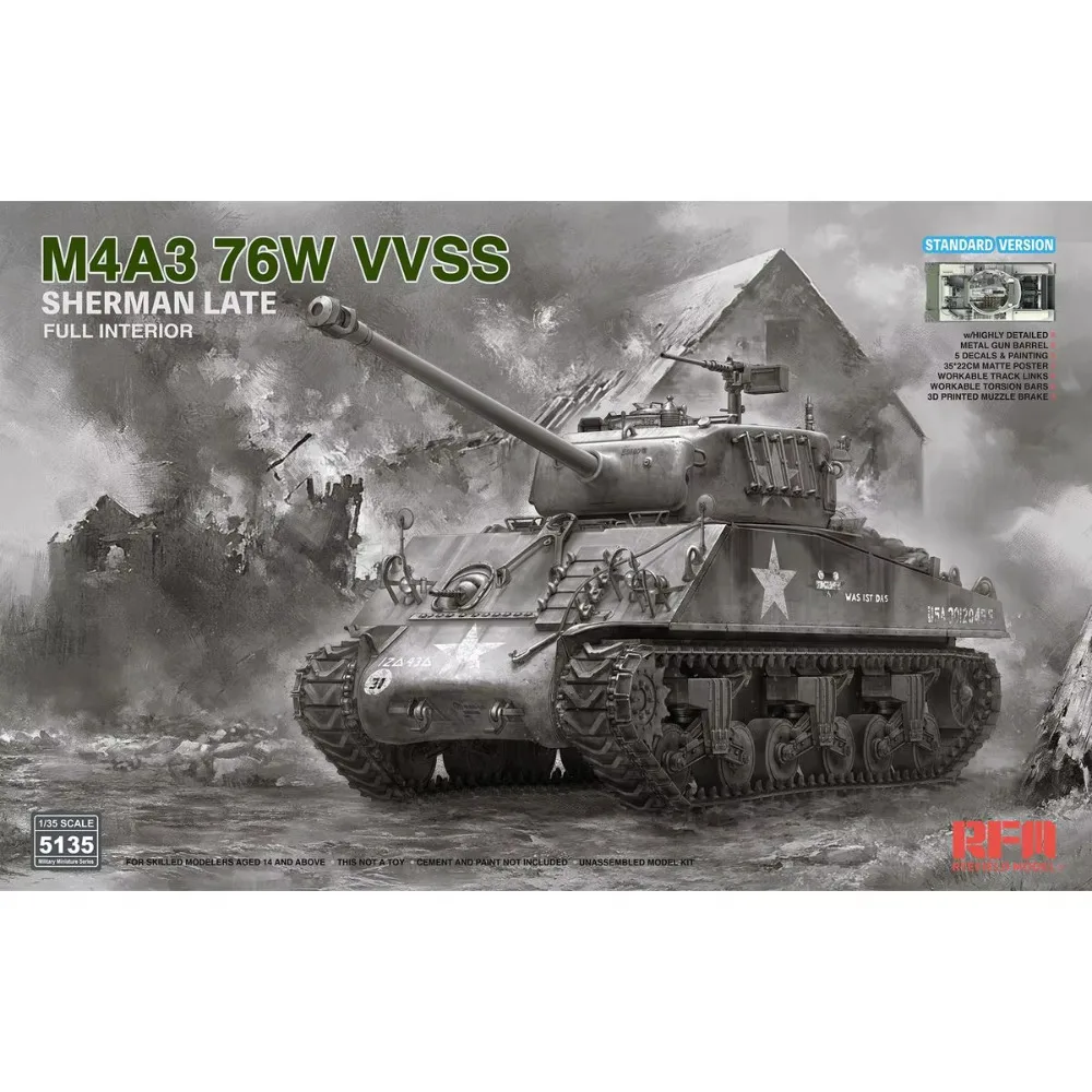 RYEFIELD MODEL RFM RM-5135 1/35 M4A3 76W VVSS Sherman Late w/Full Interior - Assemble Scale Model Kit